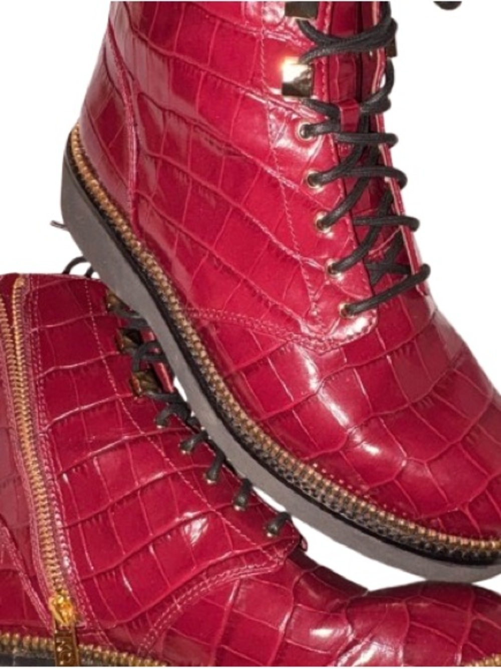 Michael Kors Red Croc-Embossed Lace-Up Ankle Boots with Gold Accents